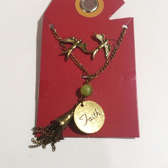 Gold-Tone "Faith" Pendant Necklace Bead Tassel Charm & Earrings Women's Jewelry - Picture 3 of 8